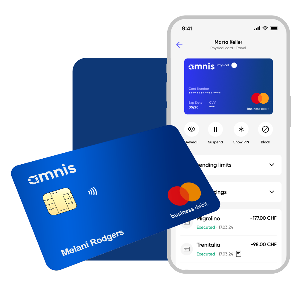 Mobile view of the amnis dashboard and corporate card