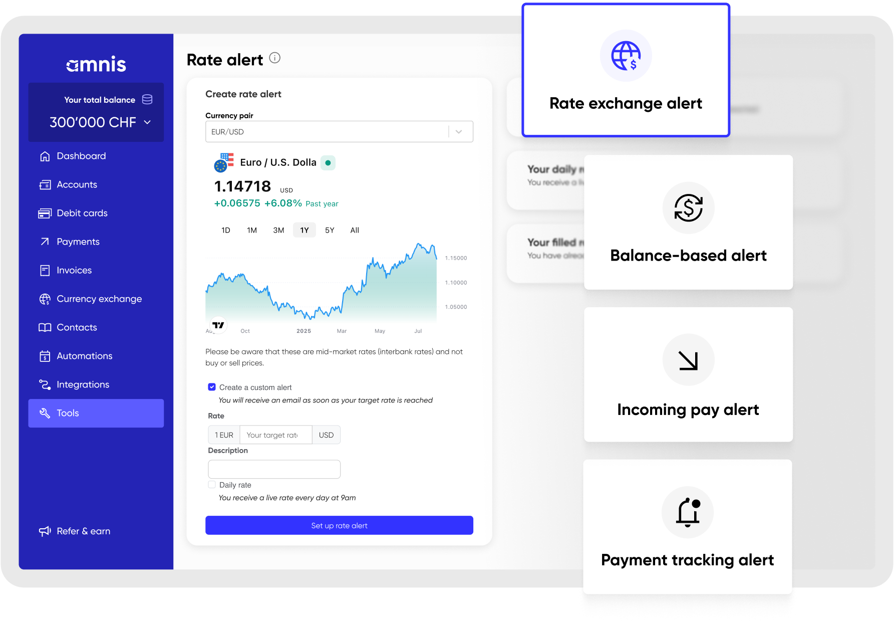 Mockup showing the rate alerts feature and some additional features that amnis offers such as balance-based alert, incoming payment alert and payment tracking alert