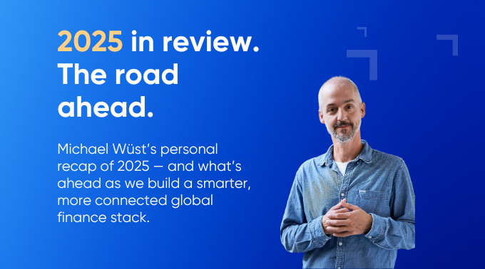 Banner titled "2025 in review. The road ahead." with Michael Wüst standing on the right and a subtitle introducing his personal recap and outlook on the amnis finance stack.